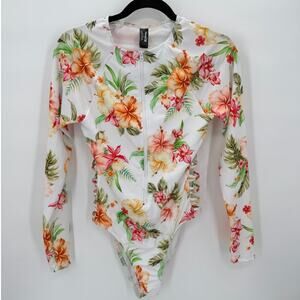 NWT Hurley Malia Zip Front Rash Guard Floral White One-Piece Swimsuit Size SMALL